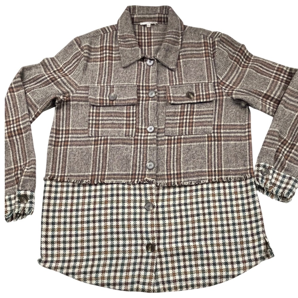 Mystree Womens Mixed Plaid Shacket Brown Green Frayed Hem Button Front Size M